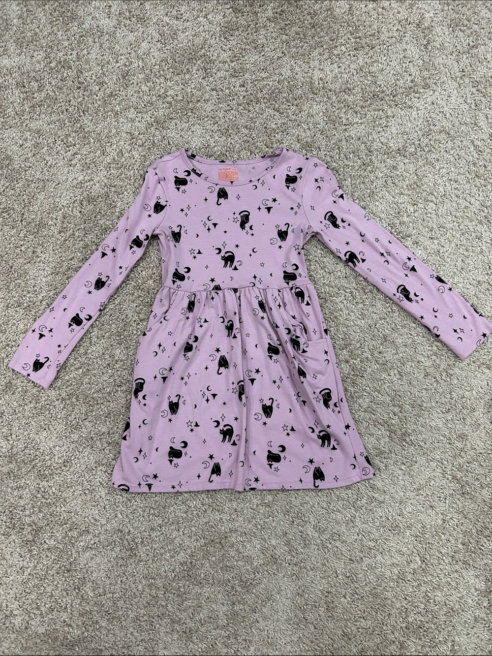 Cat & Jack Lilac Long-Sleeve Dress with Black Cat Print